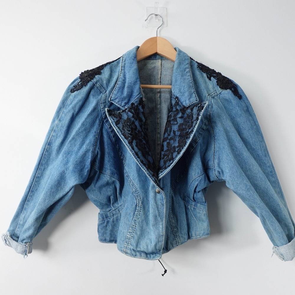Vintage Edwardian Cropped Jacket Small Jean Denim Lace Victorian Whimsigoth 80s